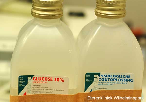 Een onderhuidse injectie met fysiologische zoutoplossing en glucose wordt onderhuids gegegeven